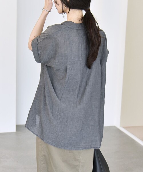 quaranciel(カランシエル)の「quaranciel:〈手洗い可能〉シアー デニム フレンチスリーブ レギュラー シャツ(シャツ/ブラウス・レディース・ブルー/ライトブルー/ブラック・ONE SIZE)」の9枚目の写真