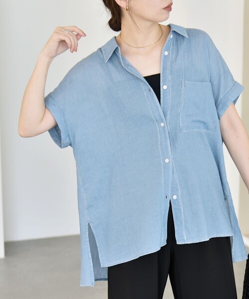 quaranciel(カランシエル)の「quaranciel:〈手洗い可能〉シアー デニム フレンチスリーブ レギュラー シャツ(シャツ/ブラウス・レディース・ブルー/ライトブルー/ブラック・ONE SIZE)」の15枚目の写真