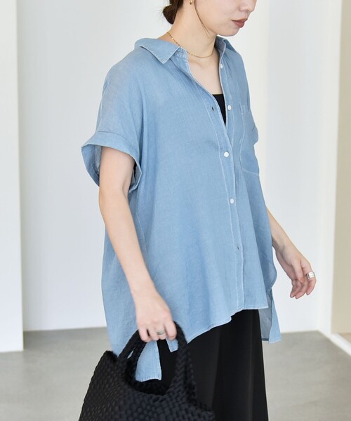 quaranciel(カランシエル)の「quaranciel:〈手洗い可能〉シアー デニム フレンチスリーブ レギュラー シャツ(シャツ/ブラウス・レディース・ブルー/ライトブルー/ブラック・ONE SIZE)」の17枚目の写真