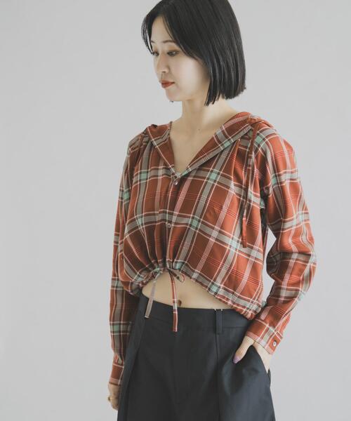 THE GOODLAND MARKET（ザグッドランドマーケット）の「cwtch　CHECK SHIRT HOODIE（シャツ/ブラウス・レディース・ブルー/ブラウン・FREE）」の3枚目の写真