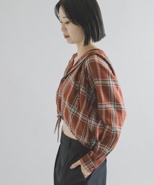 THE GOODLAND MARKET（ザグッドランドマーケット）の「cwtch　CHECK SHIRT HOODIE（シャツ/ブラウス・レディース・ブルー/ブラウン・FREE）」の4枚目の写真