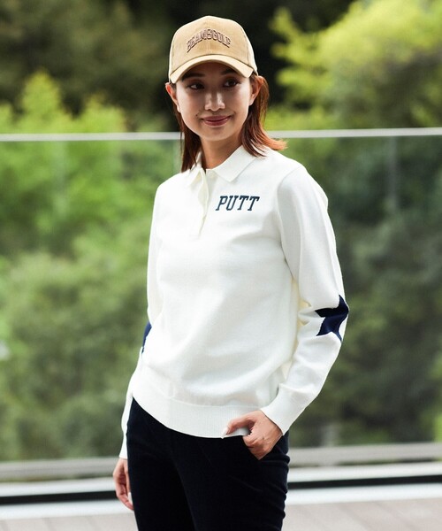 【美品】BEAMS GOLF 襟ロゴ モックネック 裏付きニット ORANGE LABEL / PUTT ロゴ 襟付き ニット プルオーバー（ニット