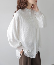 小花刺繍×楊柳シアー/ブラウス/シャーリング袖