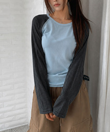 ロールアップ配色 ラグランロングTシャツ