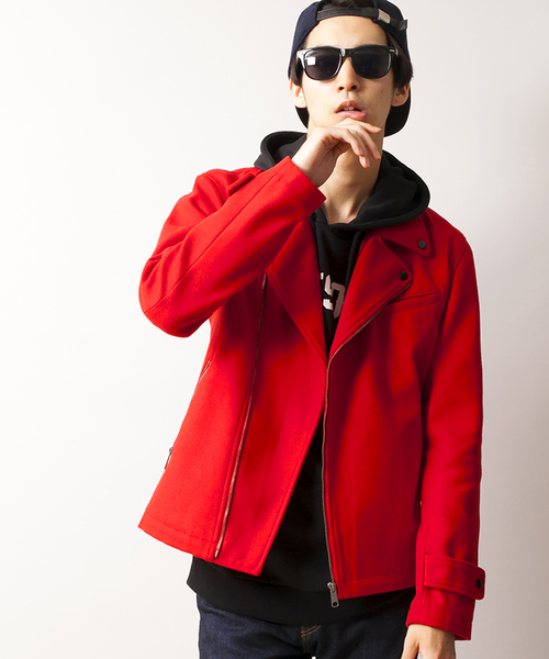 WEGO（ウィゴー）の「WEGO/ボンディングライダースジャケット（ライダースジャケット・メンズ・ブラック/レッド・LARGE/MEDIUM）」の2枚目の写真