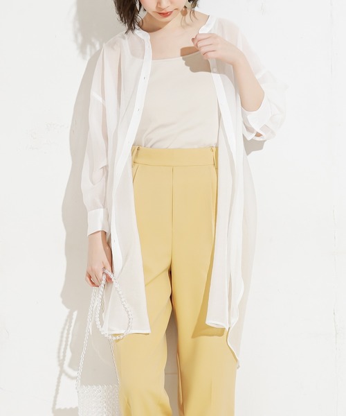 natural couture（ナチュラルクチュール）の「バンドカラーシアーロングシャツ（シャツ/ブラウス・レディース・ベージュ/オフホワイト/オレンジ/ミント・FREE）」の7枚目の写真