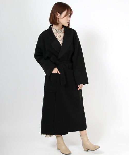 Salong hameu(サロン ハミュー)の「オーバーサイズ フェイクウールロングコート/ガウンコート(チェスターコート・レディース・ブラック/グリーン/アイボリー/ブラウン/ブルー/ベージュ/ピンク・M)」の20枚目の写真