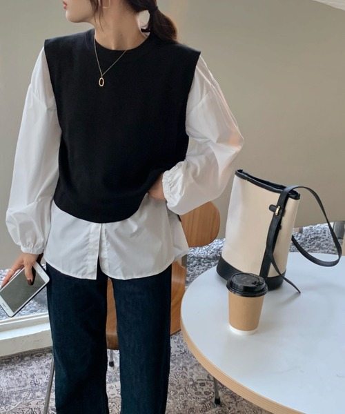emi+（エミプラス）の「レイヤードニットベスト＋ ブラウスセット（シャツ/ブラウス・レディース・ベージュ/ブラック/ブラウン/ブラック系その他/ボルドー・FREE）」の9枚目の写真