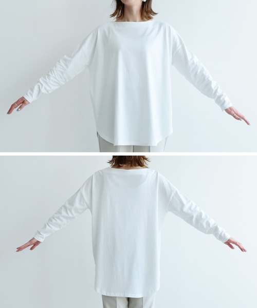 reca(レカ)の「USAコットン ボートネックロングTシャツ(Tシャツ/カットソー・レディース・ベージュ/ブラック/オフホワイト/グレイッシュベージュ・M)」の8枚目の写真