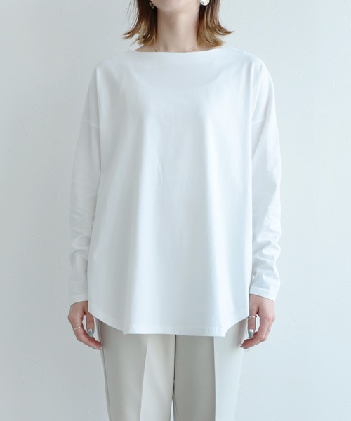 reca(レカ)の「USAコットン ボートネックロングTシャツ(Tシャツ/カットソー・レディース・ベージュ/ブラック/オフホワイト/グレイッシュベージュ・M)」の5枚目の写真