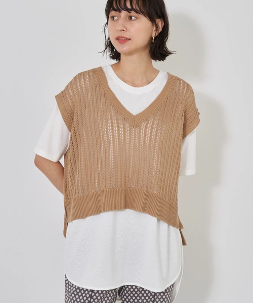 earth music&ecology（アースミュージックアンドエコロジー）の「SET2点透かし編ニットベスト+ラウンドヘムチュニック ＊（ベスト・レディース・ベージュ/ミント/その他8・FREE）」の2枚目の写真