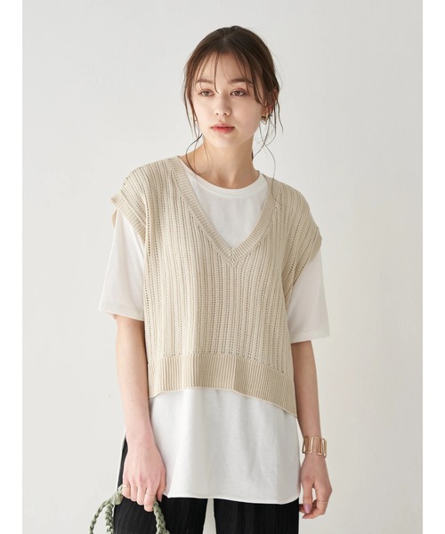 earth music&ecology（アースミュージックアンドエコロジー）の「SET2点透かし編ニットベスト+ラウンドヘムチュニック ＊（ベスト・レディース・ベージュ/ミント/その他8・FREE）」の4枚目の写真