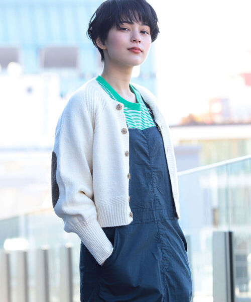 【BEAMS+】5G リブ クルーニット/エルボーパッチ（ネイビー・L）