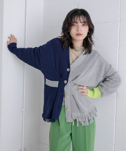 Eimee Law(エイミーロウ)の「メッシュ編み配色ニットカーデ(ニット/セーター・レディース・ネイビー/アイボリー/ベージュ・38)」の7枚目の写真