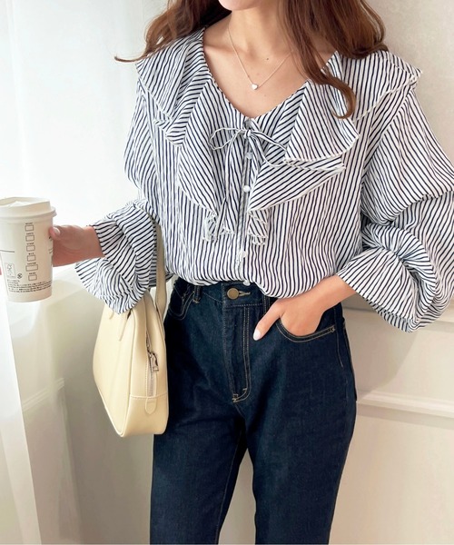 apres jour（アプレジュール）の「ラッフルブラウス【ZOZOTOWN限定アイテム】（シャツ/ブラウス・レディース・オフホワイト/ネイビー/ピンク/ミント/ホワイト系その他/ブラック/ベージュ・X-LARGE/フリー）」の7枚目の写真