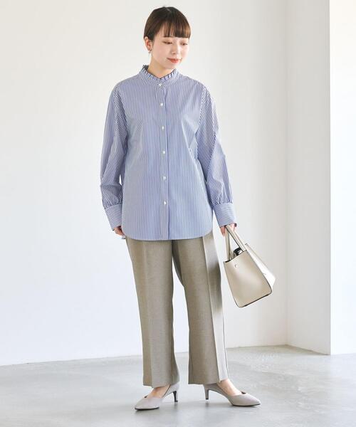 美品♪グリーンレーベルリラクシング フリルギャザーブラウス ブルーストライプ green label relaxing（グリーンレーベルリラクシング）の