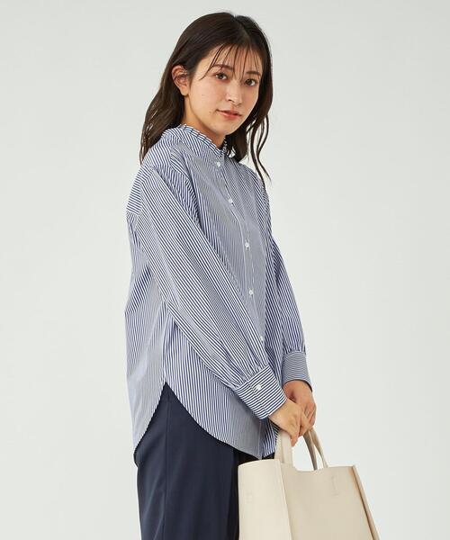 美品♪グリーンレーベルリラクシング フリルギャザーブラウス ブルーストライプ green label relaxing（グリーンレーベルリラクシング）の