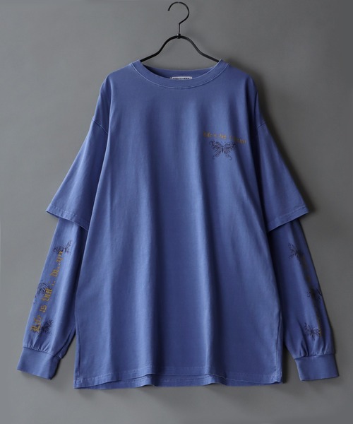 SITRY(シトリー)の「butterfly print pigment fake layered T-shirt / 蝶 プリント ピグメント フェイクレイヤード 長袖Tシャツ(Tシャツ/カットソー・メンズ・ブラック/パープル/キャメル・M/L)」の2枚目の写真