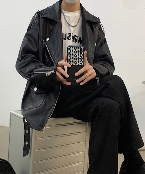 BENDER TOKYO（ベンダートウキョウ）の「【BENDER TOKYO】オーバーサイズ フェイクレザー ダブル ライダースジャケット（ライダースジャケット・メンズ・ブラック・M/L）」の7枚目の写真