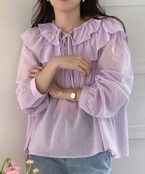 DAY CLOSET(デイ クローゼット)の「レディース 長袖パフスリーブダブルフリルカラーブラウス(シャツ/ブラウス・レディース・パープル/アイボリー/ホワイト・ONE SIZE)」の3枚目の写真
