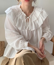 レディース 長袖パフスリーブダブルフリルカラーブラウス