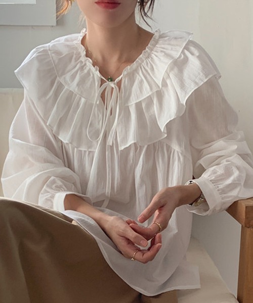 DAY CLOSET(デイ クローゼット)の「レディース 長袖パフスリーブダブルフリルカラーブラウス(シャツ/ブラウス・レディース・パープル/アイボリー/ホワイト・ONE SIZE)」の5枚目の写真