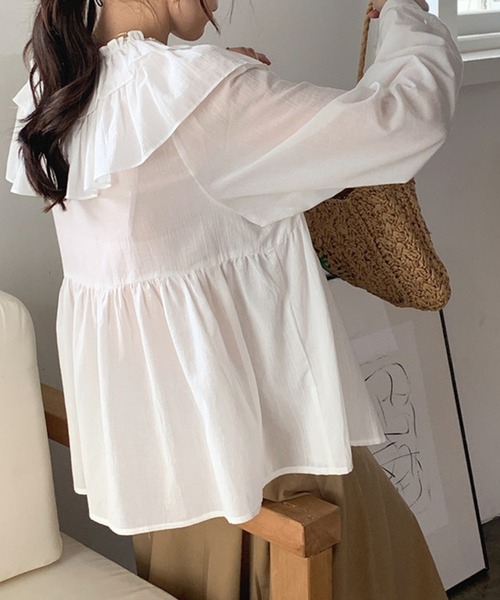 ブラウス シャツ フリルカラーパフスリーブブラウス レディース Lace Ladies ブラウス シャツ 2WAY フリル スタンドカラー
