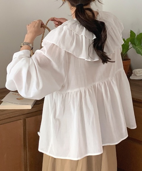 DAY CLOSET(デイ クローゼット)の「レディース 長袖パフスリーブダブルフリルカラーブラウス(シャツ/ブラウス・レディース・パープル/アイボリー/ホワイト・ONE SIZE)」の7枚目の写真