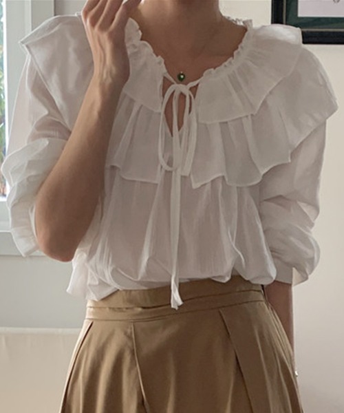 DAY CLOSET(デイ クローゼット)の「レディース 長袖パフスリーブダブルフリルカラーブラウス(シャツ/ブラウス・レディース・パープル/アイボリー/ホワイト・ONE SIZE)」の9枚目の写真