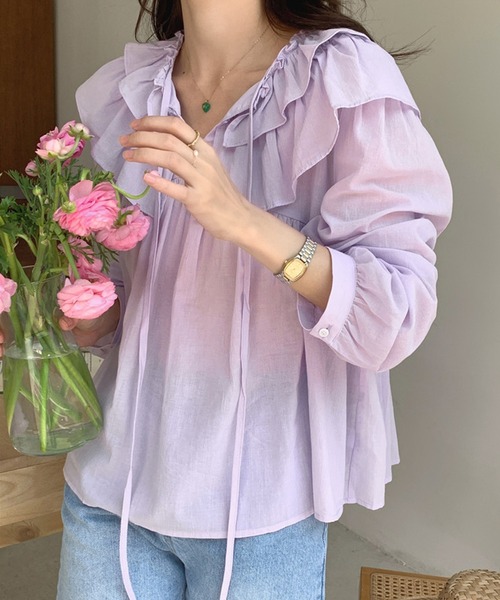 DAY CLOSET(デイ クローゼット)の「レディース 長袖パフスリーブダブルフリルカラーブラウス(シャツ/ブラウス・レディース・パープル/アイボリー/ホワイト・ONE SIZE)」の19枚目の写真