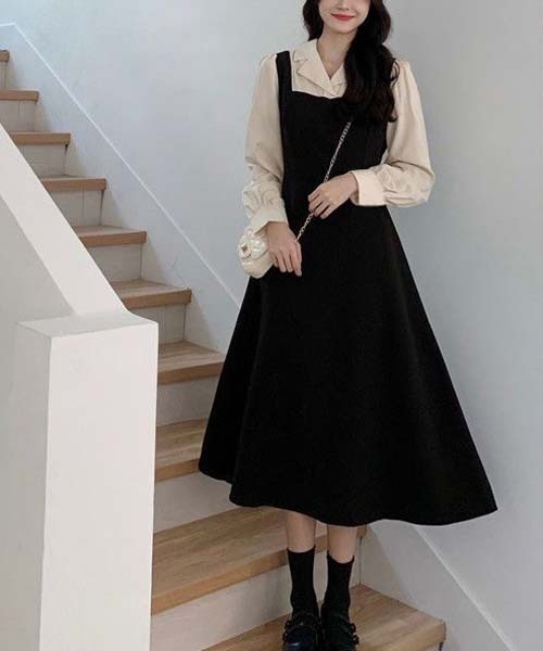 gossip!ロサンゼルス(ゴシップロサンゼルス)の「ティアードフレア/2ピース風配色 ワンピース(ワンピース・レディース・ブラック・FREE)」の1枚目の写真