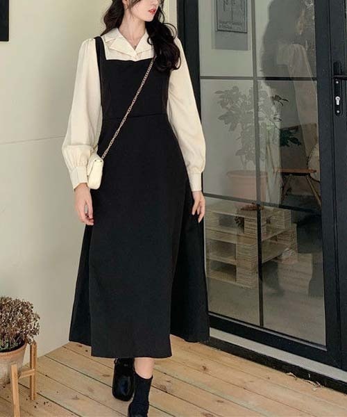 gossip!ロサンゼルス(ゴシップロサンゼルス)の「ティアードフレア/2ピース風配色 ワンピース(ワンピース・レディース・ブラック・FREE)」の4枚目の写真
