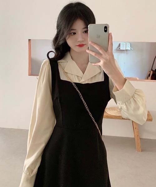 gossip!ロサンゼルス(ゴシップロサンゼルス)の「ティアードフレア/2ピース風配色 ワンピース(ワンピース・レディース・ブラック・FREE)」の2枚目の写真