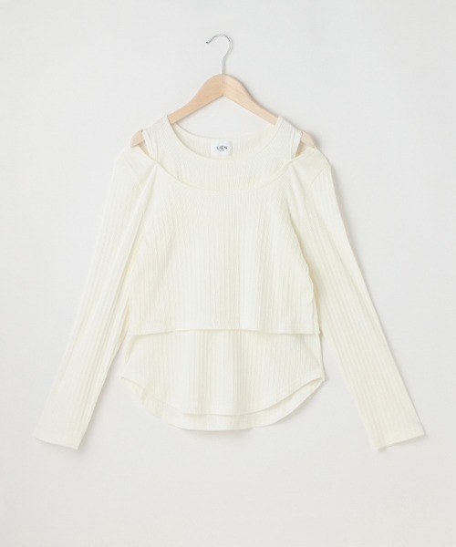 petit main LIEN（プティマインリアン）の「【リンク】肩スリットトップス（Tシャツ/カットソー・レディース・ピンク/オフホワイト/ライトグリーン/ブラック・FREE）」の2枚目の写真