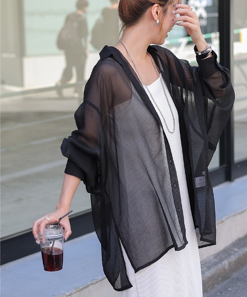 格子シアーちび衿オーバーシャツ