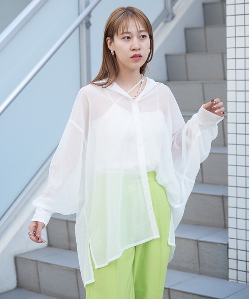 格子シアーちび衿オーバーシャツ