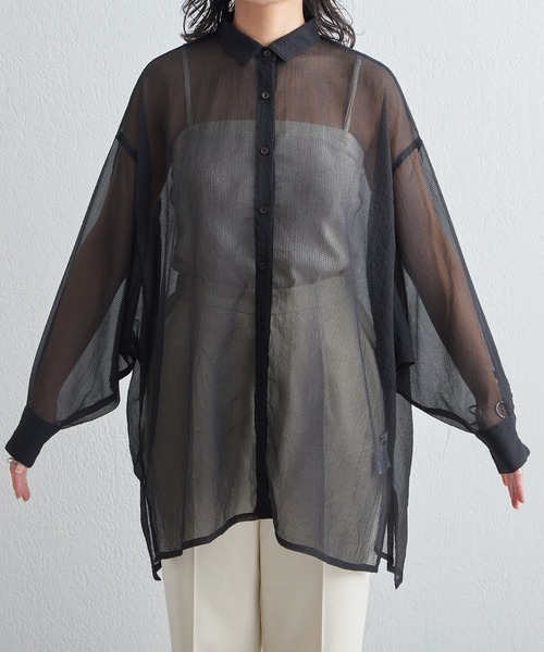 格子シアーちび衿オーバーシャツ