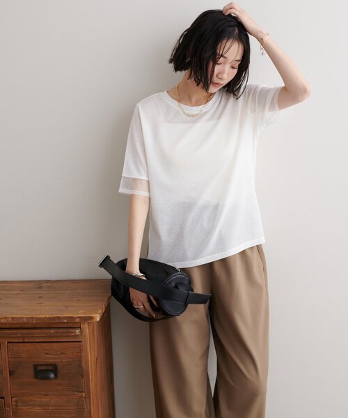 セール】シアー袖切替5分袖Tシャツ（Tシャツ/カットソー