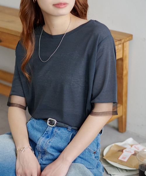 DISCOAT(ディスコート)の「シアー袖切替5分袖Tシャツ(Tシャツ/カットソー・レディース・ブラック/オフホワイト/スカイブルー/イエロー/オレンジ/ベビーピンク/グリーン系その他/ブラウン/ネイビー/チャコールグレー/モカ・FREE)」の4枚目の写真