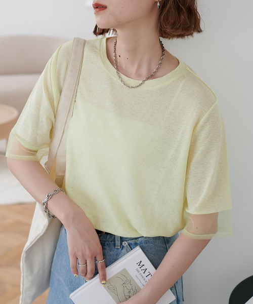 DISCOAT(ディスコート)の「シアー袖切替5分袖Tシャツ(Tシャツ/カットソー・レディース・ブラック/オフホワイト/スカイブルー/イエロー/オレンジ/ベビーピンク/グリーン系その他/ブラウン/ネイビー/チャコールグレー/モカ・FREE)」の10枚目の写真