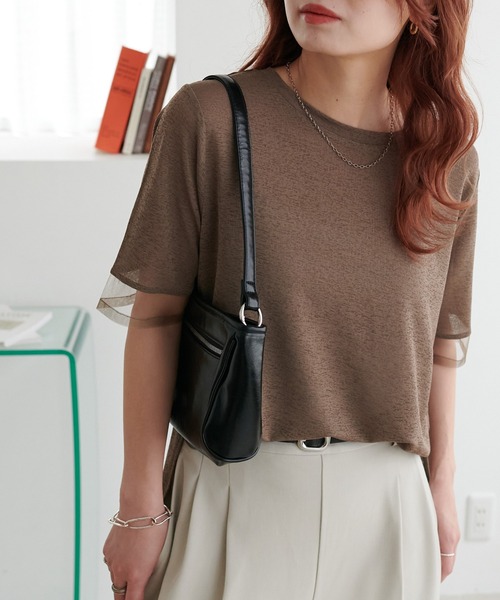 DISCOAT(ディスコート)の「シアー袖切替5分袖Tシャツ(Tシャツ/カットソー・レディース・ブラック/オフホワイト/スカイブルー/イエロー/オレンジ/ベビーピンク/グリーン系その他/ブラウン/ネイビー/チャコールグレー/モカ・FREE)」の6枚目の写真