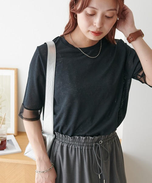 tシャツ シアー5分袖プルオーバー レディース セール】シアー袖切替5分袖Tシャツ（Tシャツ/カットソー