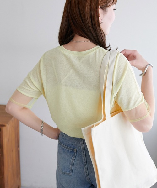 DISCOAT(ディスコート)の「シアー袖切替5分袖Tシャツ(Tシャツ/カットソー・レディース・ブラック/オフホワイト/スカイブルー/イエロー/オレンジ/ベビーピンク/グリーン系その他/ブラウン/ネイビー/チャコールグレー/モカ・FREE)」の18枚目の写真