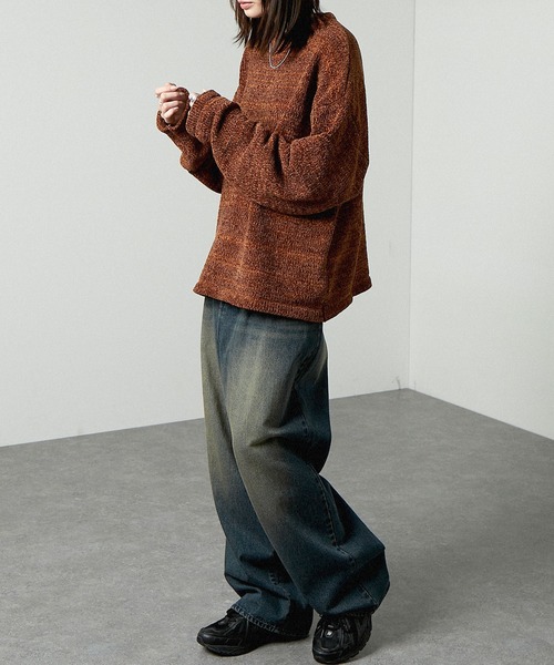 Alfred Alex】mix chenille yarn knit crew neck pullover