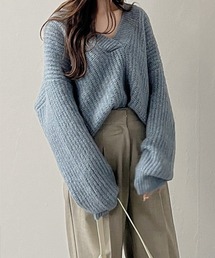 NAUL（ナウル）の「オーバーサイズVネックニット / プルオーバー ミドル丈 メランジ カラーニット もちもち ライトグレー ブルー パープル（ニット/セーター）」