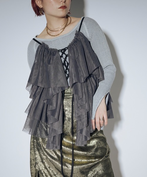 Ezick(エジック)の「Multi-layered レースアップチュールビスチェ(ベスト・レディース・グレー系/ブラック/アイボリー/グレイッシュブルー/パープル・FREE)」の15枚目の写真