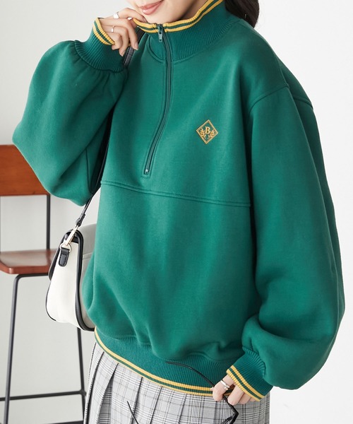 BONLECILL(ボンルシール)の「裏起毛ラインリブエンブレム刺繍ハーフジッププルオーバー(スウェット・レディース・チャコールグレー/オートミール/オレンジ/グリーン・FREE)」の3枚目の写真
