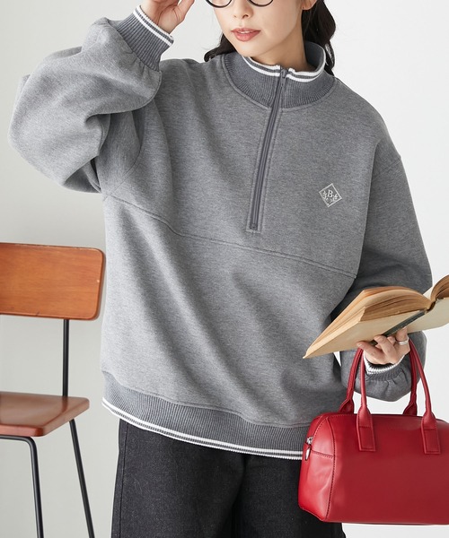BONLECILL(ボンルシール)の「裏起毛ラインリブエンブレム刺繍ハーフジッププルオーバー(スウェット・レディース・チャコールグレー/オートミール/オレンジ/グリーン・FREE)」の12枚目の写真