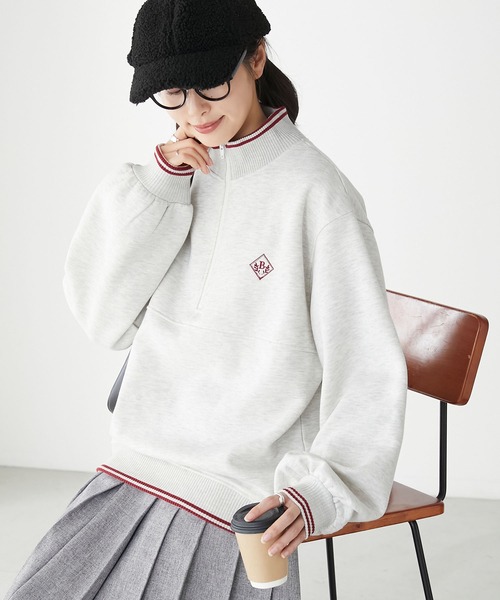 BONLECILL(ボンルシール)の「裏起毛ラインリブエンブレム刺繍ハーフジッププルオーバー(スウェット・レディース・チャコールグレー/オートミール/オレンジ/グリーン・FREE)」の21枚目の写真