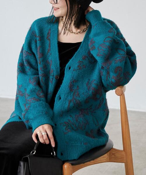 coen（コーエン）の「ボタニカル柄ルーズシャギーニットカーディガン（カーディガン/ボレロ・メンズ・ターコイズブルー/グレー/ブラック・S/M/L/XL）」の3枚目の写真